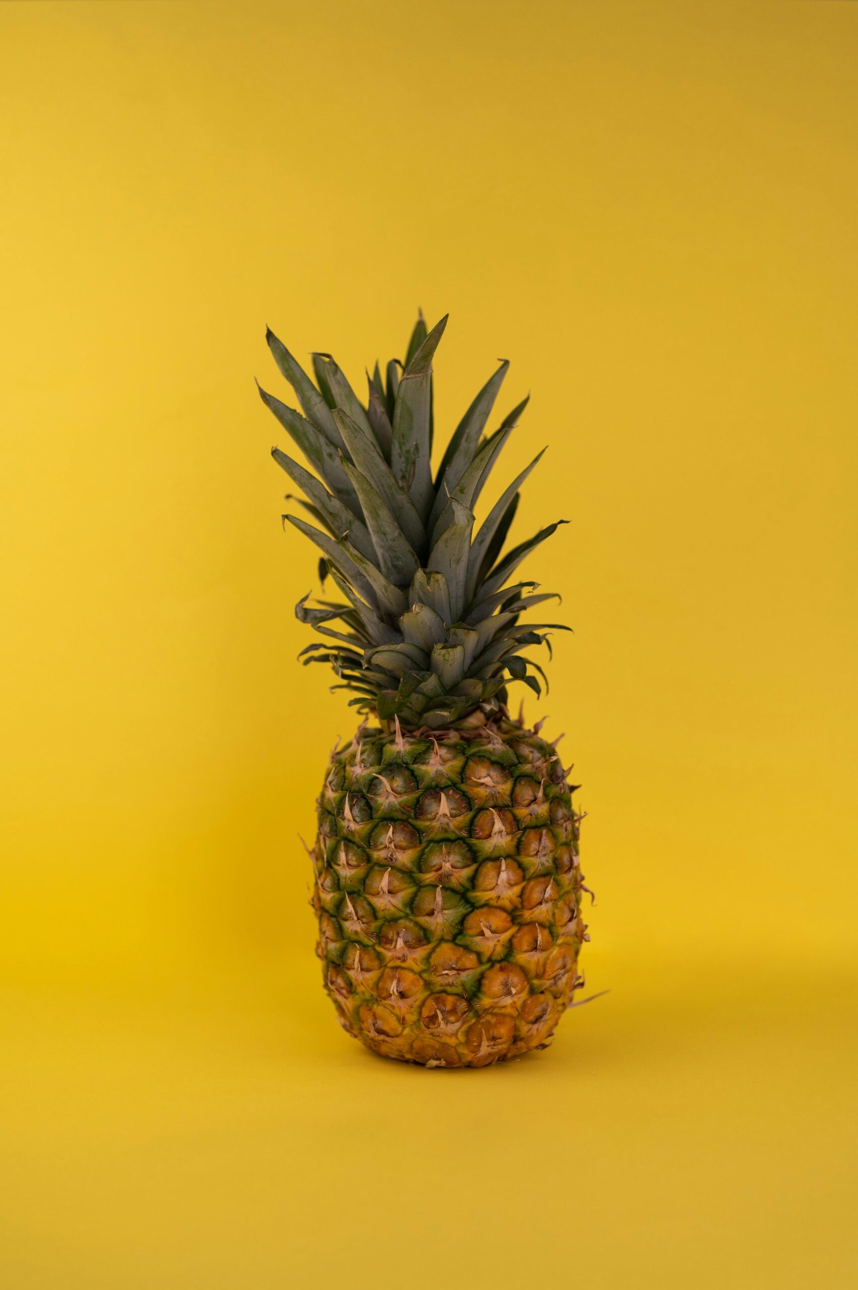 Whole fresh edible ripe pineapple fruit with green crown and brown skin placed on yellow background in modern light studio